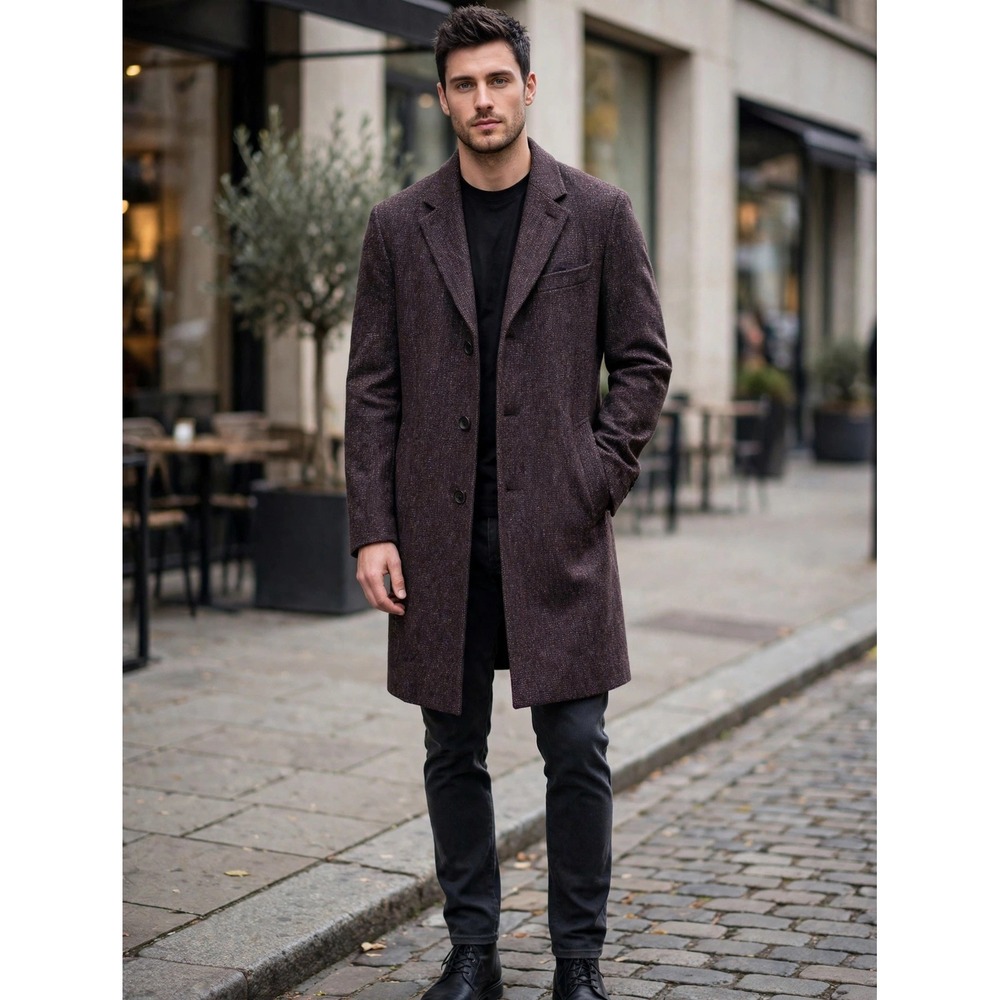 Hugo Boss Mens Wool Blend Overcoat Burgundy Black Textured Topcoat 40R